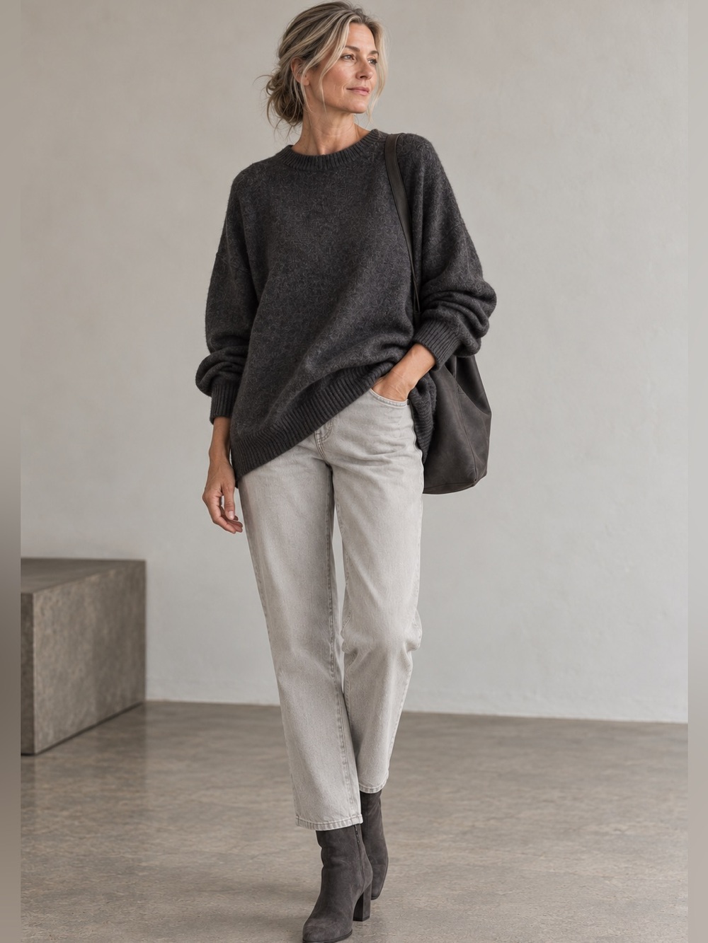 Eileen Fisher Organic Cotton Stretch Denim Straight Ankle Cement Gray Jeans 14